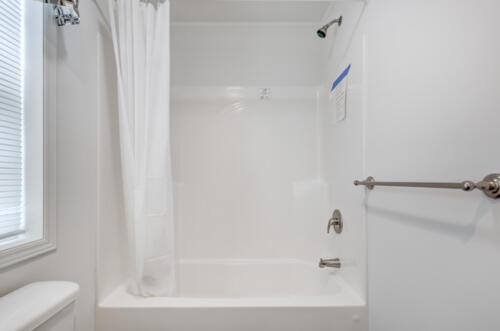 A white bathroom with a toilet and shower.