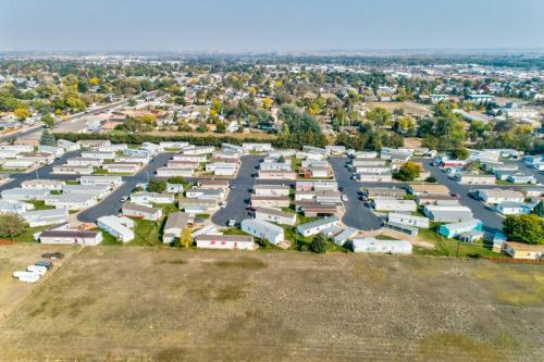 An aerial view of a mobile home park.